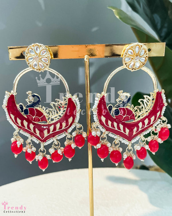 Red Enamel Half-Moon Earrings with Kundan and Pearl Drops
