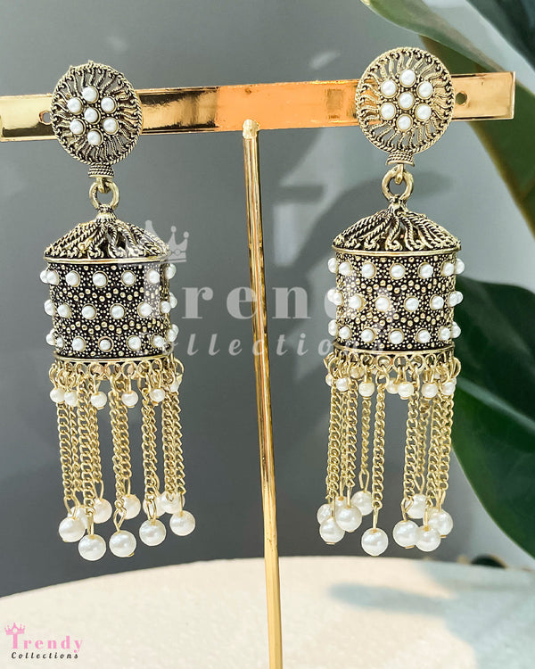 Vintage Silver Jhumka Earrings with Pearl Chain Tassels