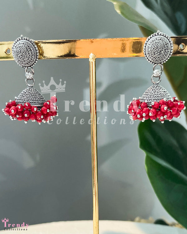 Silver Jhumka Earrings with Red Bead Cluster
