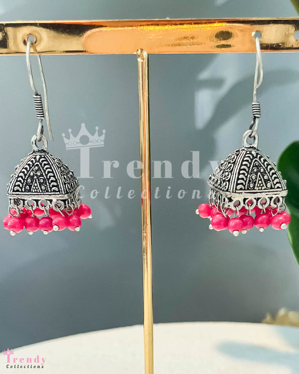 Silver Jhumka Earrings with Pink Bead Fringe