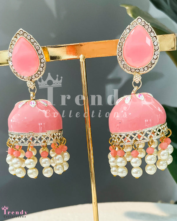 Pink Enamel Jhumka Earrings with Pearl Details
