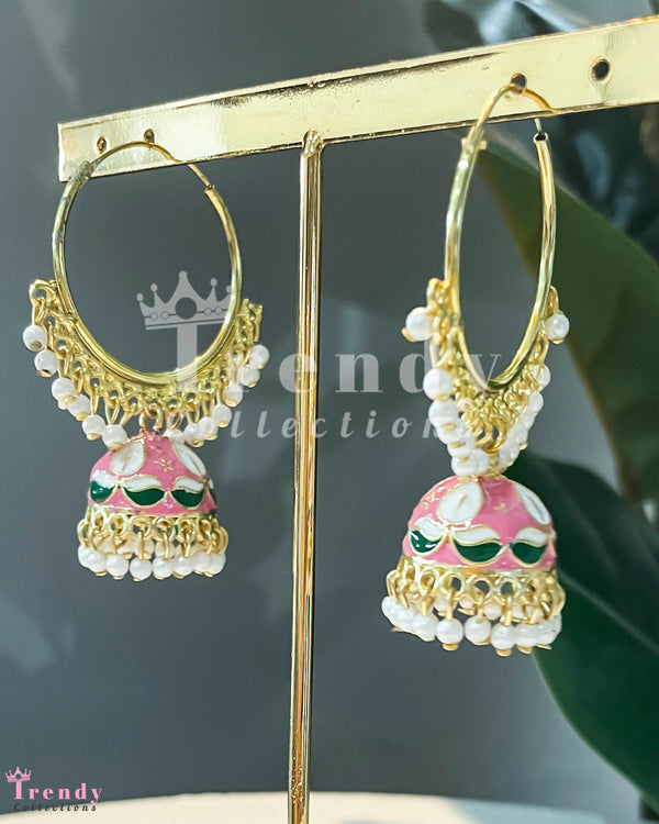 Gold Hoop Earrings with Pink Enamel Jhumka and Pearls