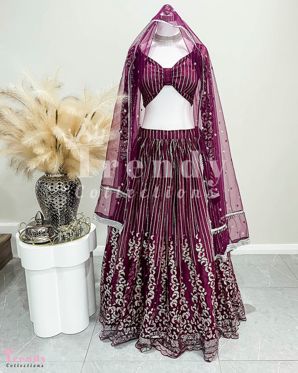 Plum Designer Net Lehenga Set with Zari and Sequin Embroidery Sizes 34-40