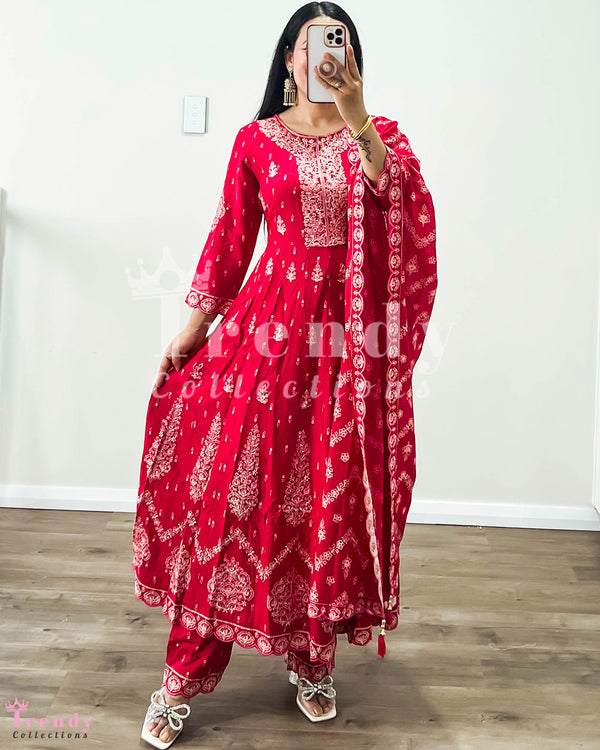 Ruby Red Cotton Anarkali Set with Delicate Threadwork - Sizes 34 to 38