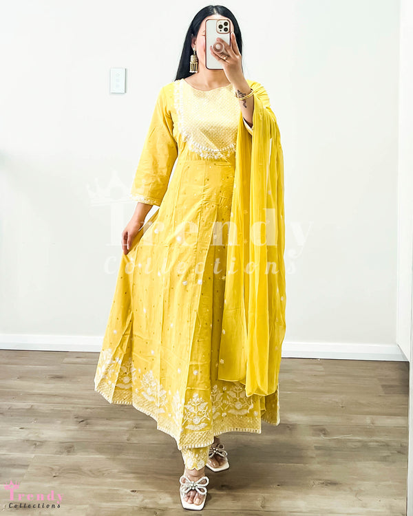 Cotton Anarkali Set with Thread Work - Yellow (Sizes 40 - 44)