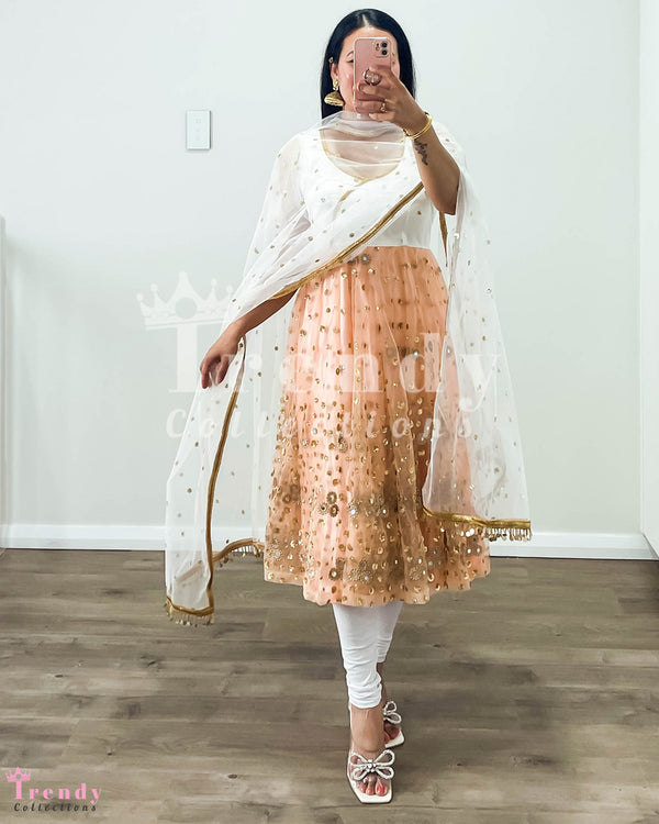 Peach Blush Zari-Embroidered Short Anarkali Set (Sizes 32 - 40)