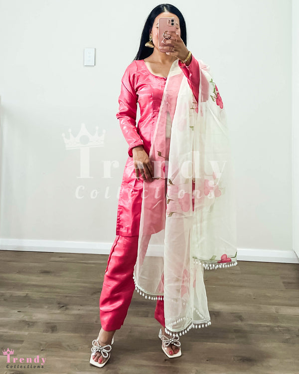 Designer Silk Pink Kurtha Set, Sizes 32-38