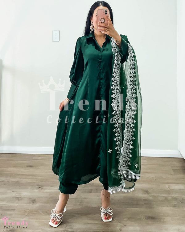 Emerald Green Pakistani Style Kurti Set with Shawl (Sizes 32-40)