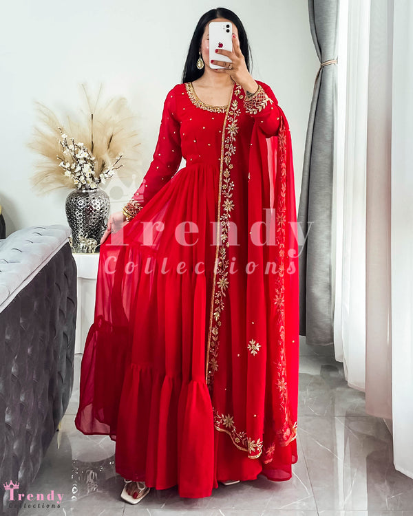 Elegant Red Georgette Tiered Anarkali Gown with Hand Embroidery - Sizes 34 to 46