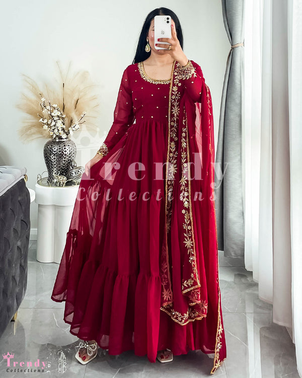 Three-Tiered Maroon Georgette Gown with Hand Embroidery - Sizes 34 to 44