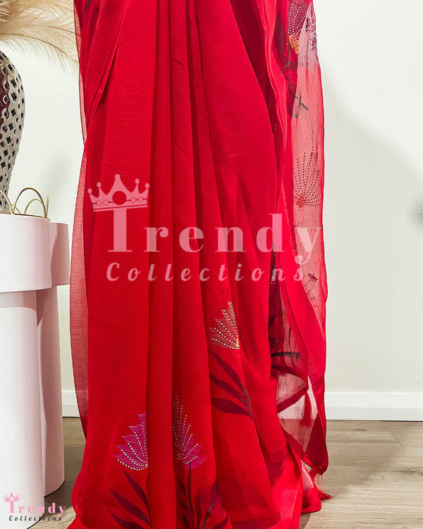 Scarlet Red Chiffon Saree with Swarovski Design
