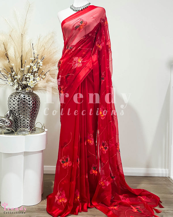 Poppy Red Chiffon Saree with Butterfly Embellishments
