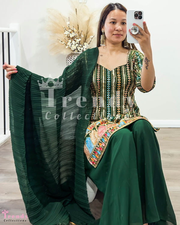 Emerald Green Anarkali Set with Thread & Sequin Work, Sizes 34 to 40