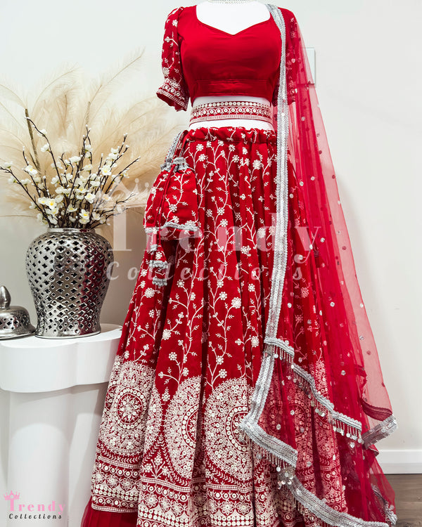 Classic Red Designer Lehenga Set with Exquisite Thread Embroidery Sizes 34-40