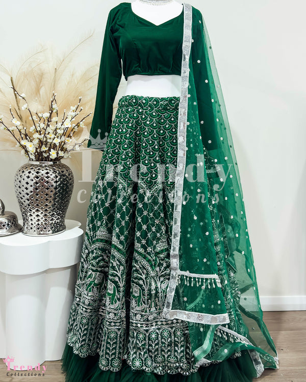 Emerald Green Designer Lehenga Set with Thread Embroidery Sizes 32-42