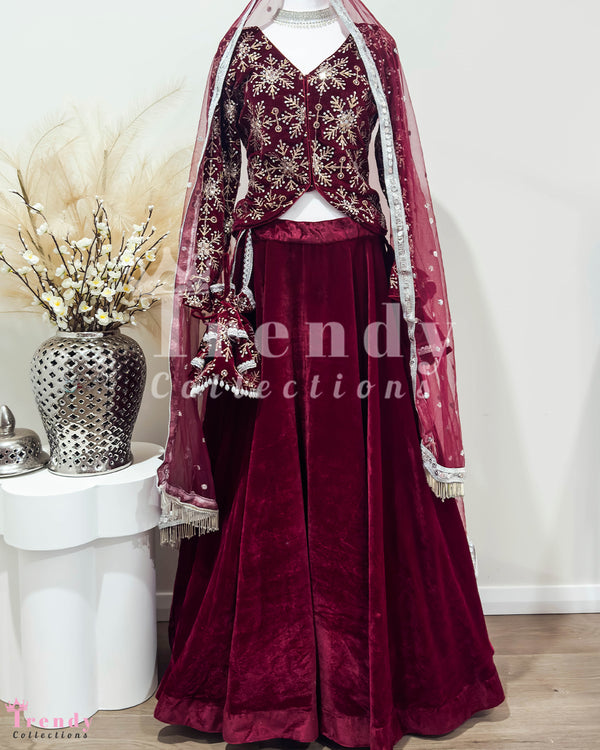 Wine Red Velvet Designer Lehenga Set with Zari Embroidery Sizes 34-44