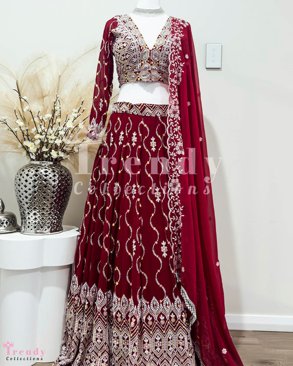 Regal Maroon Georgette Lehenga Set with Intricate Thread Embroidery (Sizes 32-38)