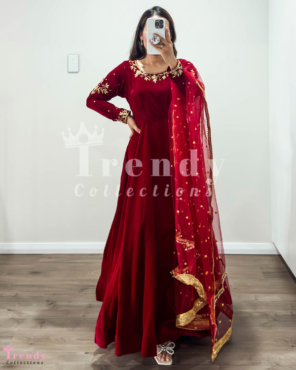 Maroon Velvet Gown Set with Hand Embroidery, Designer, Sizes 34-46