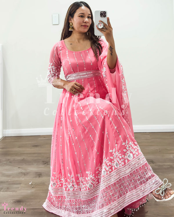 Candlelight Peach Georgette Anarkali Set with Thread and Sequin Embroidery (Sizes 34 - 40)