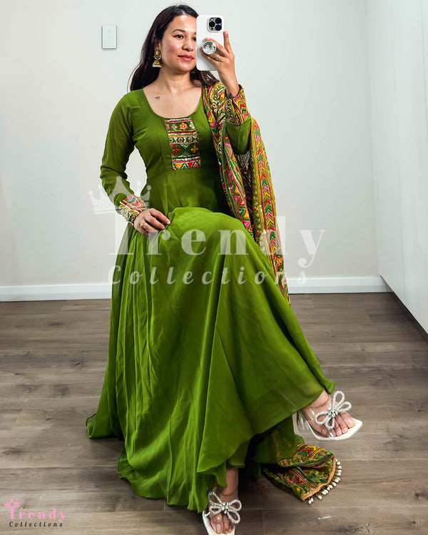 Mehendi Green Georgette Anarkali Set with Thread and Sequin Embroidery (Sizes 34 - 42)