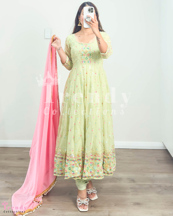 Light Green Georgette Anarkali Set with Peach Pink Shawl (Sizes 34 - 42)