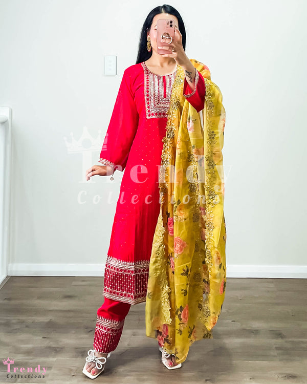 Ruby Red Zari Embroidered Kurtha Set with Floral Dupatta - Sizes 36-44