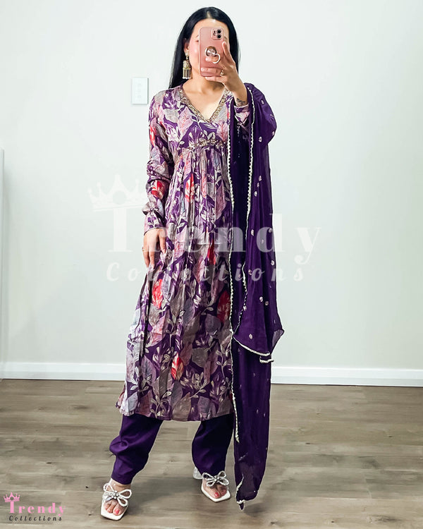 Alia Cut Chinnon Kurtha Set with Beads Embroidery - Purple (Sizes 34 - 38)