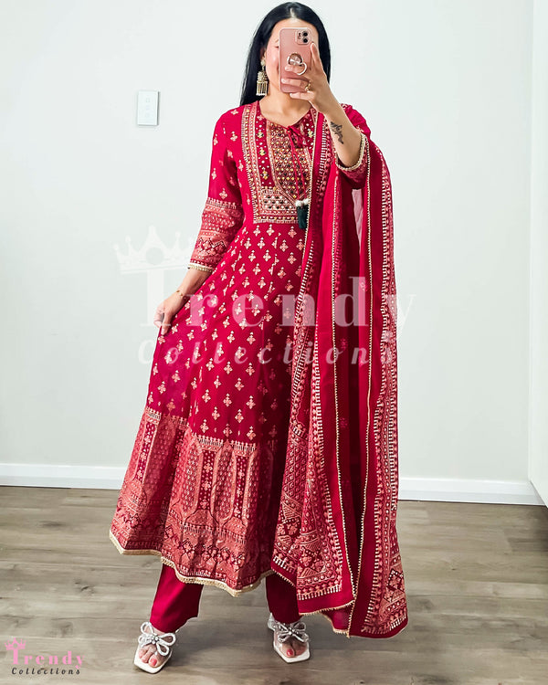 Crimson Cotton Anarkali Set with Thread and Beads Work - Sizes 36 to 40