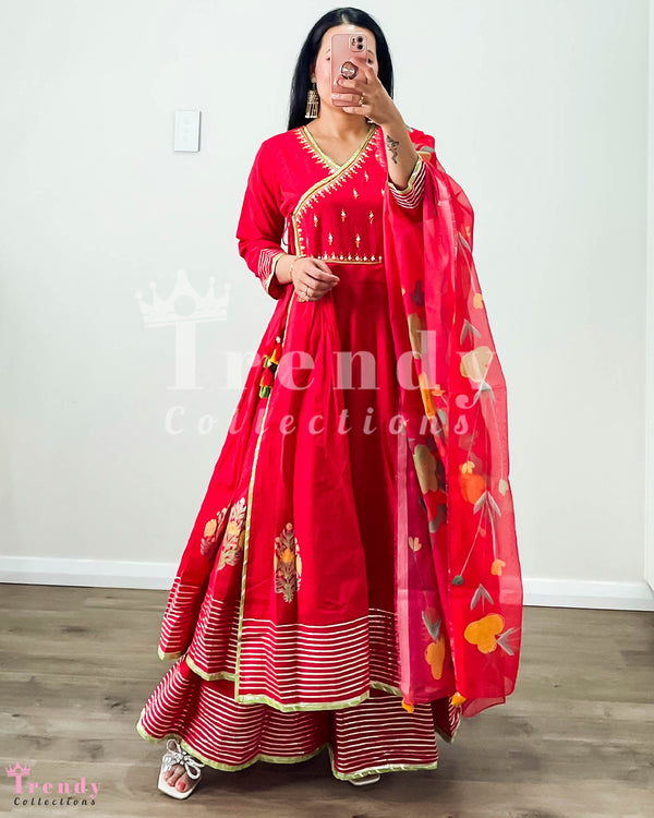 Vibrant Red Cotton Anarkali Palazzo Set with Shawl - Sizes 34 to 40