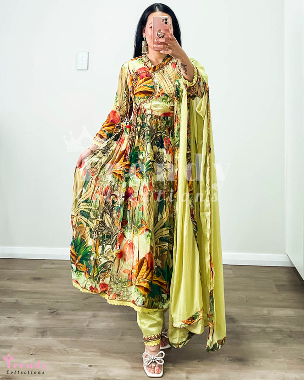 Tropical Silk Anarkali Set with Chaubandi Style Top (Sizes 34-42)