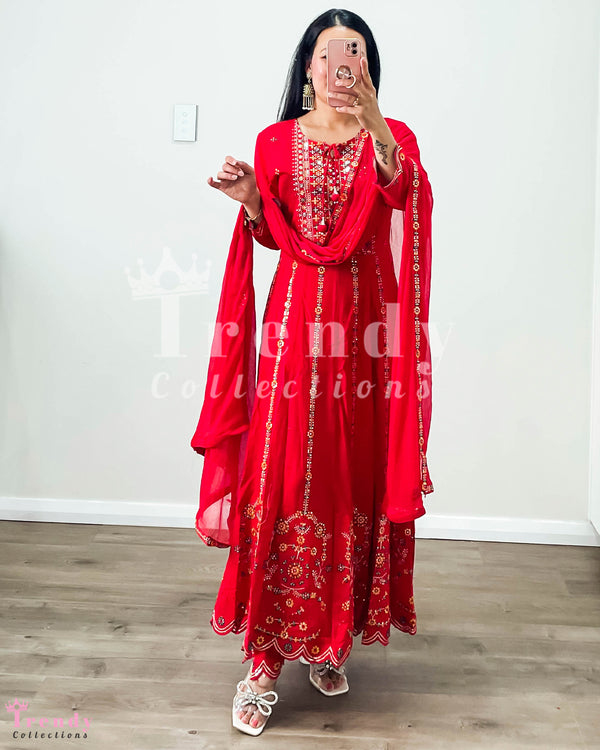 Red Cotton Anarkali Set with Multicolour Embroidery - Sizes 36 to 42