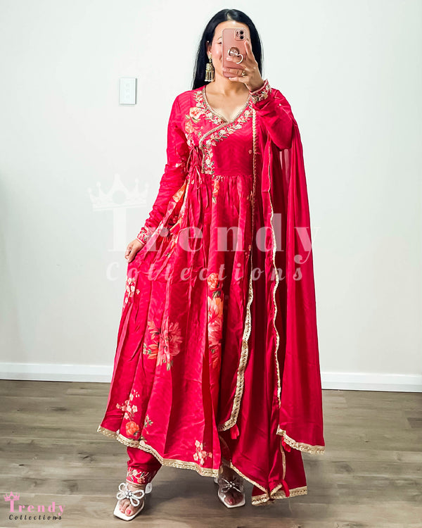 Pink Muslin Silk Anarkali Set with Choli Neck, Zari & Beads - Sizes 34 to 42