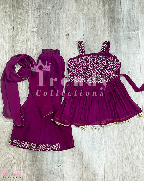 Little Girl's Magenta Kurti, Salwar, and Shawl Set with Sequins and Thread Embroidery