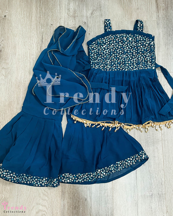 Girls' Navy Blue Kurti, Sarara, and Shawl Set with Floral Sequins and Thread Embroidery