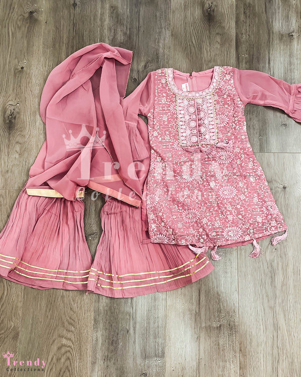 Girls' Pink Bandhani Print Kurti, Sarara, and Shawl Set with Sequins and Thread Embroidery