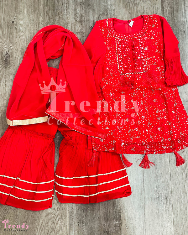Girls' Vibrant Red Georgette Sarara Set with Sequin and Thread Embroidery