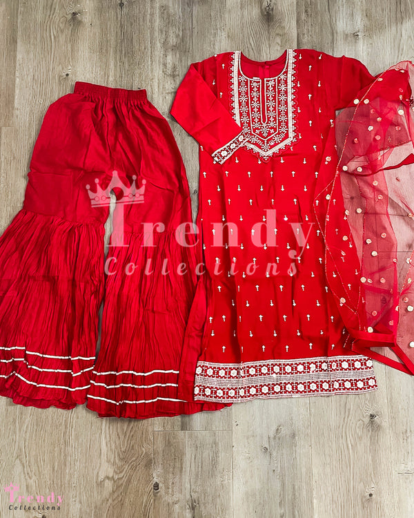 Girls' Ruby Red Silk Sarara Set with Sequin and Thread Embroidery