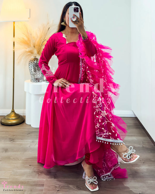 Rani Hot Pink Georgette Anarkali Dress with Shawl (Sizes 32-40)