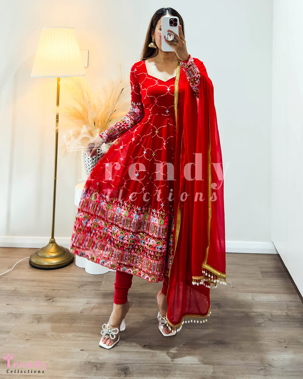 Red Georgette Anarkali Set (Short) with Thread and Sequin Embroidery (Sizes 32-42)