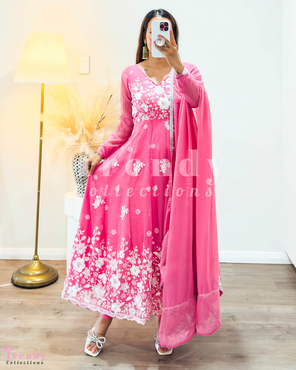 Baby Pink Georgette Anarkali Set with Heavy Thread and Sequin Embroidery (Sizes 34-44)