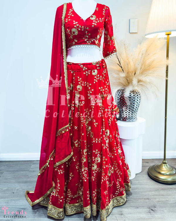 Red Designer Lehenga Set with Golden Zari Embroidery Sizes 32-44