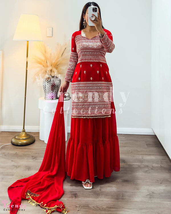 Red Georgette Sharara Set with Zari Embroidery (Sizes 32-38)