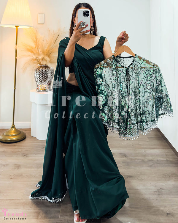 Dark Green Georgette Designer Saree Set with Poncho  (Sizes 32-40)
