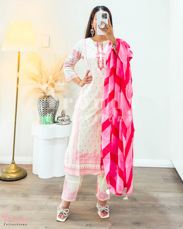 Cream Colour Cotton Kurta Set with Pink Shawl(Sizes 34-38)