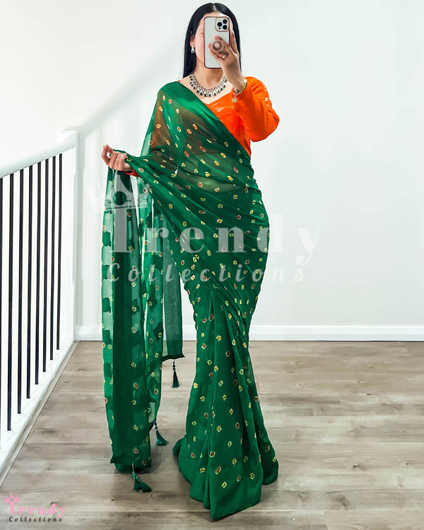 Vibrant Chiffon Saree with Full-Sleeve Blouse - Sizes 30 to 38