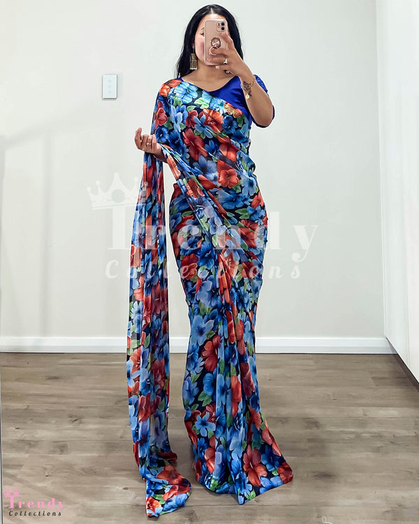 Floral Printed Chiffon Saree with Stretchable Blouse Set - Blue