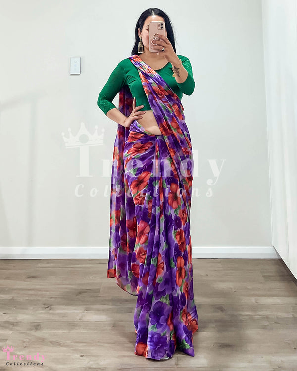 Floral Printed Chiffon Saree with Stretchable Blouse Set - Purple & Green