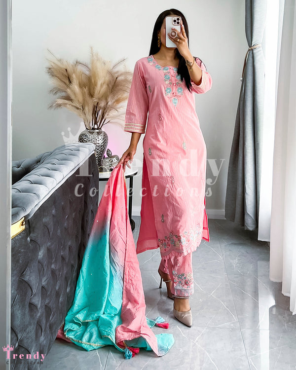 Soft Pink Cotton Kurtha Set with Zari and Thread Work - Sizes 38-42