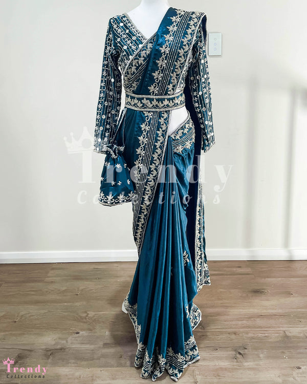 Teal Silk Saree with Mirror & Bead Embroidery and Accessories - Sizes 36 to 46