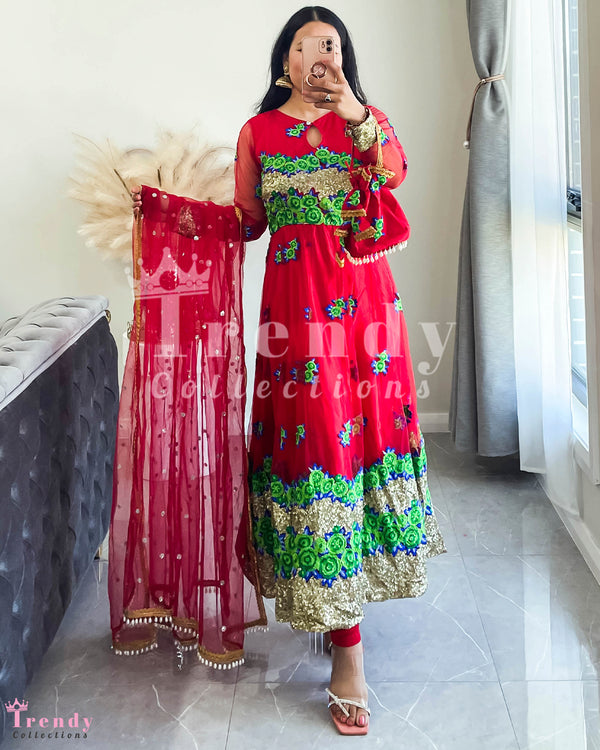Vibrant Red Floral Embroidered Anarkali Set with Accessories (Sizes 34-46)